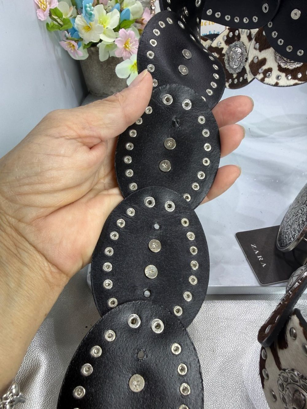(H) Zara cow-print leather belt, size 32(1)-34(1) (shell style) New without tags - Picture 11 of 13